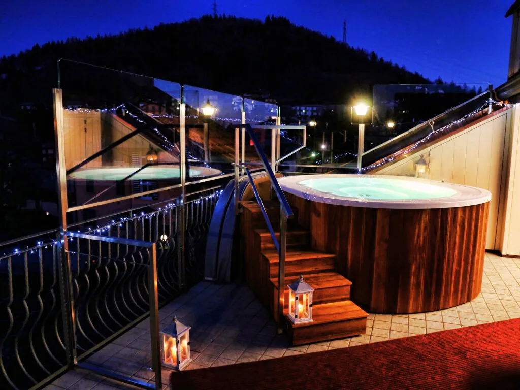 The Sky Spa terrace illuminated in the evening