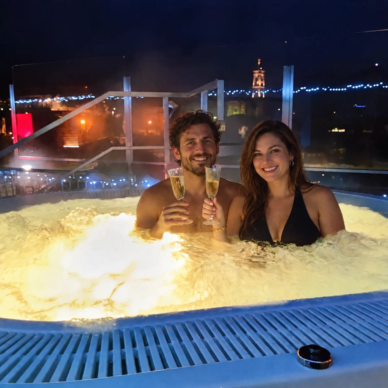 Una coppia brinda nella Sky Spa serale T’Ami